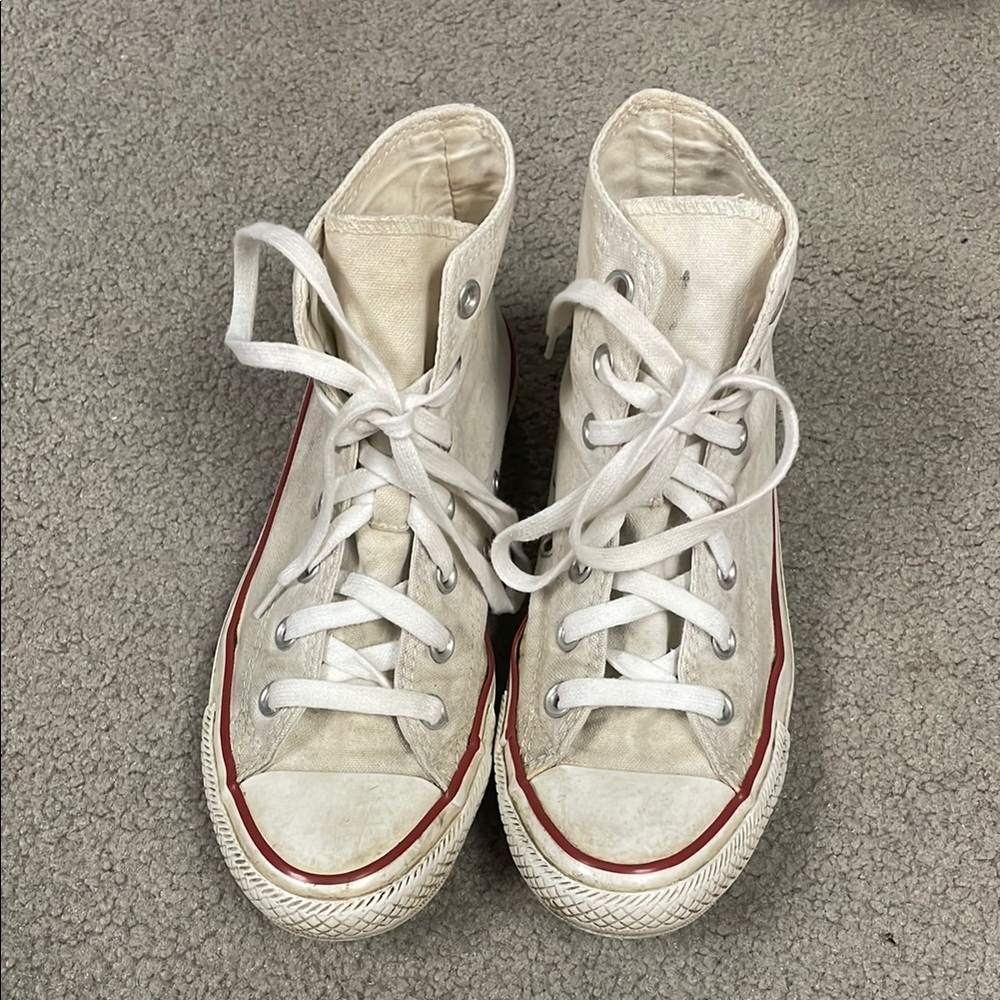 White Converse High-Top Sneakers with Red Trim
